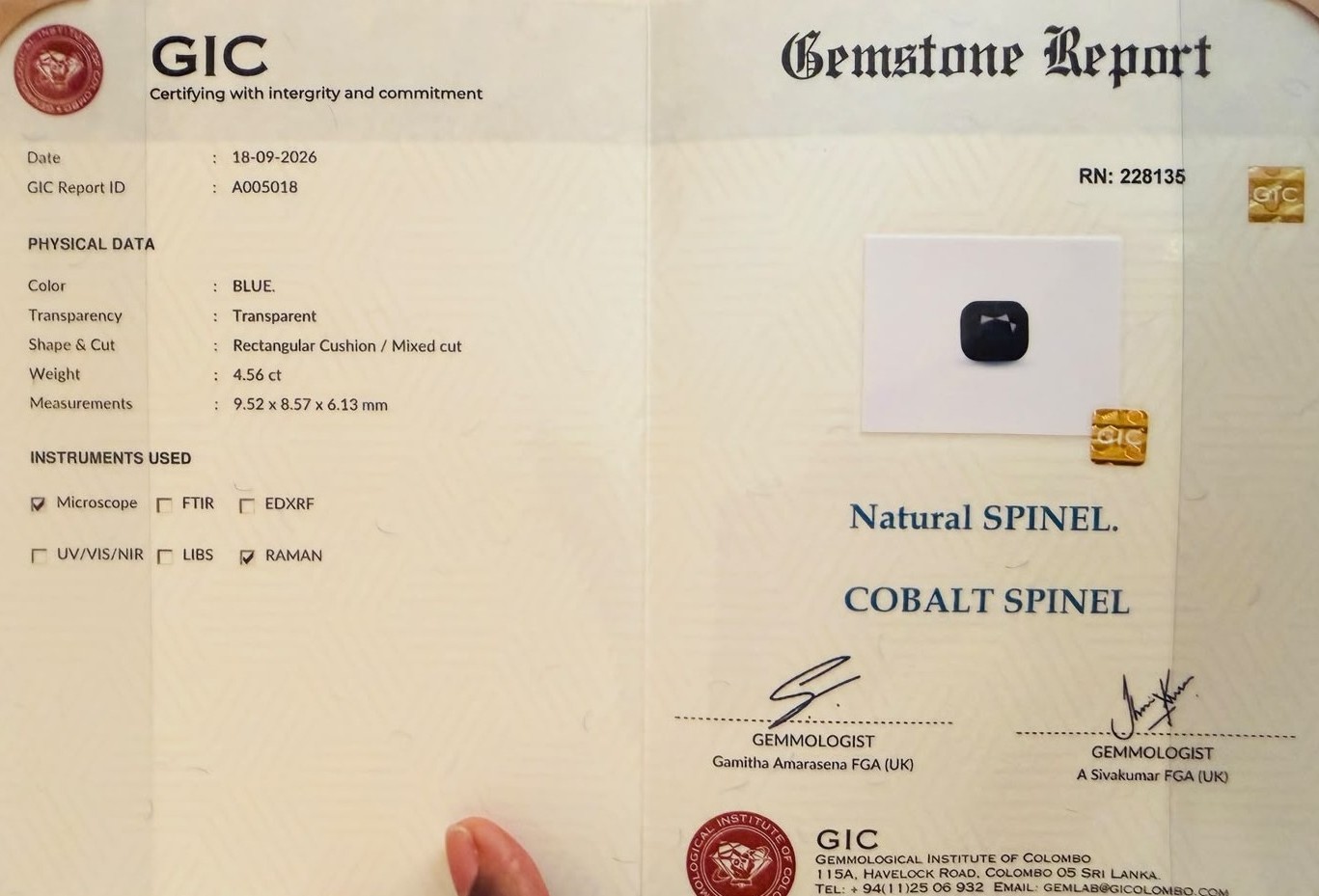 GIC gemstone report A005018 for natural cobalt spinel, 4.56 ct rectangular cushion.