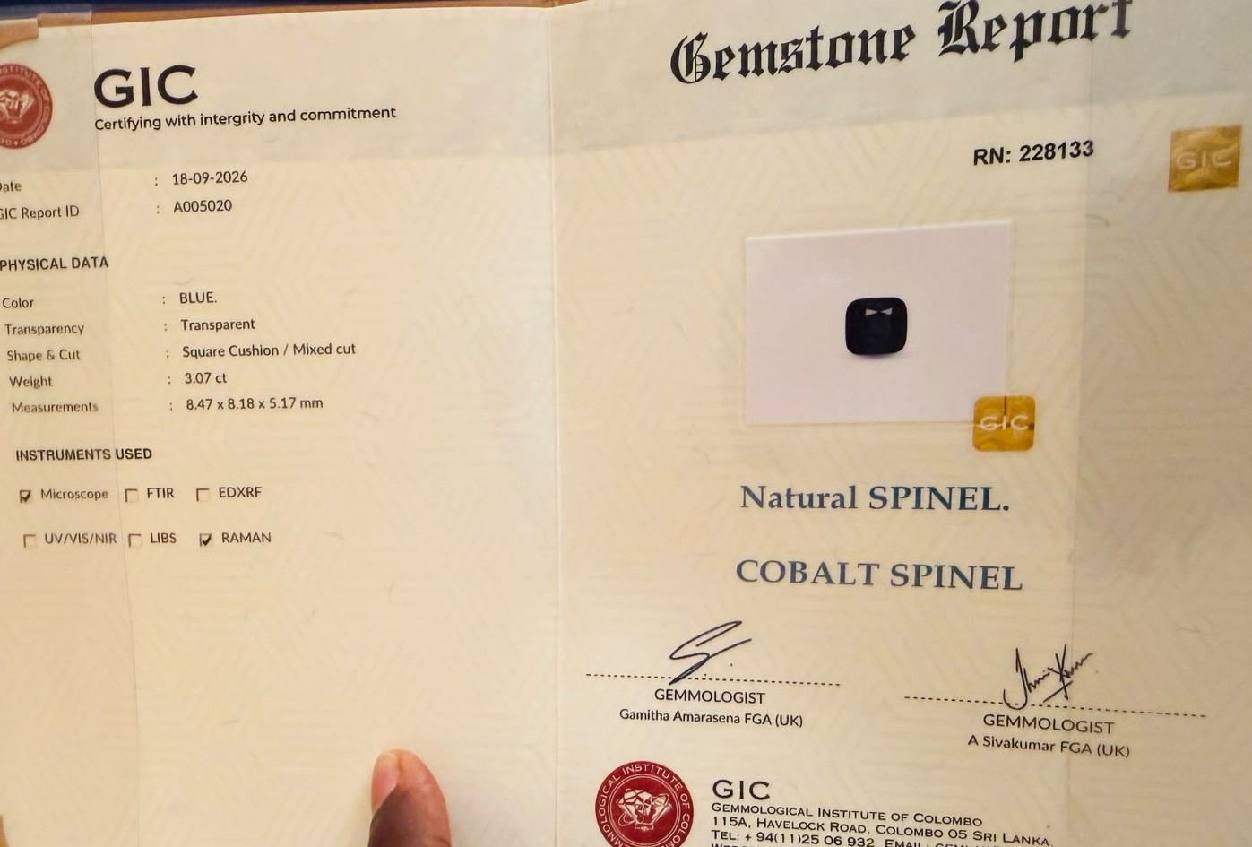 GIC gemstone report A005020 for natural cobalt spinel, 3.07 ct square cushion.